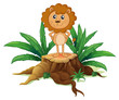 A little lion standing on a stump with leaves
