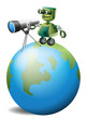 Vector: A robot with a telescope above the globe A robot with a telescope above the globe
