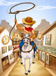 Vector: A village with a young boy riding in a horse A village with a young boy riding in a horse