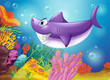 A smiling violet shark under the sea