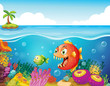 A sea with colorful coral reefs and fishes
