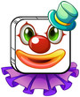 A square-shaped face of a clown with a violet collar