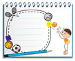 A notebook with a drawing of a boy playing basketball
