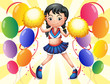 A young cheerer in the middle of the balloons
