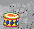 A drum with musical notes