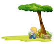 A girl sitting under the big tree
