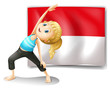 A girl doing her exercise in front of the Indonesian flag