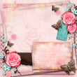 Illustration: greeting card with flowers, butterfly on pink paper vintage back greeting card with flowers, butterfly on pink paper vintage back