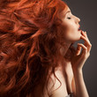 Photo : Beautiful woman with curly hairstyle against gray background Beautiful woman with curly hairstyle against gray background