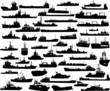 Set of 50 silhouettes of sea yachts, towboat and the ships
