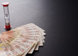 Time and money concept of a blue table background