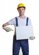 Foto: Bauarbeiter mit Schild Bauarbeiter mit Schild