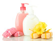 Liquid and hand-made soaps isolated on white