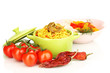 Delicious pilaf with vegetables isolated on white