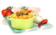 Delicious pilaf with vegetables isolated on white