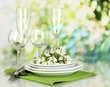 Serving dishes and snowdrops on natural background
