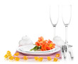 Festive table setting with flowers isolated on white