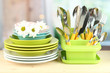 Plates, forks, knives, spoons and other kitchen utensil