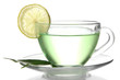 Transparent cup of green tea with lemon, isolated on white