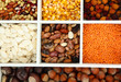 Assortment of chestnut,beans,.dry briar, nuts etc in white