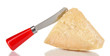 Piece of Parmesan cheese with knife isolated on white