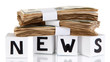 White paper cubes labeled "News" with money isolated on white