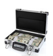 Suitcase with 100 dollar bills isolated on white
