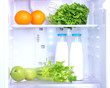 Open refrigerator with vegetarian food
