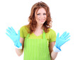 Young woman wearing green apron and rubber gloves, isolated