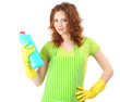 Young woman wearing rubber gloves with cleaner, isolated