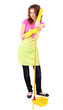 Young housewife with mop, isolated on white