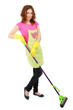 Young housewife with mop, isolated on white