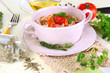 Delicious rice with vegetables and herbs in pot