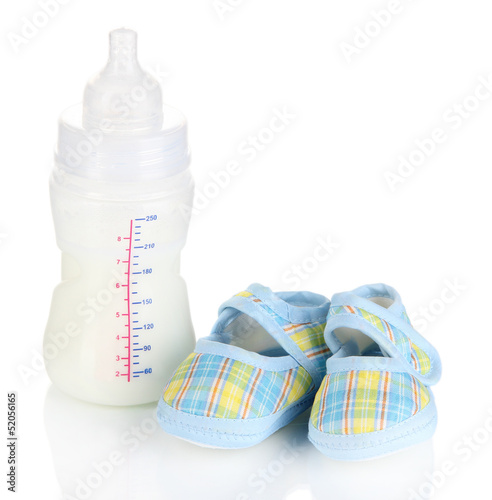 Photo: Bottle for milk formula with booties isolated on white Bottle for milk formula with booties isolated on white