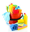 Cleaning items in bucket isolated on white