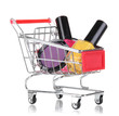 Cosmetics in cart isolated on white