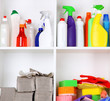 Shelves in pantry with  cleaners for home close-up