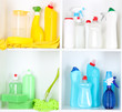 Shelves in pantry with  cleaners for home close-up