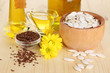 Useful linseed oil and pumpkin seed oil on wooden table