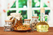 Composition of delicious marinated mushrooms, oil and spices