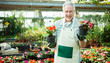 Foto: Greenhouse worker holding flower pots Greenhouse worker holding flower pots