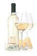 White wine bottle, two glasses and cheese