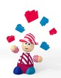 3d graphic of a happy discount sign juggled by a clown