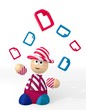 3d graphic of a happy discount sign juggled by a clown