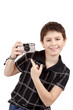 small boy showing analog camera