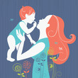 Beautiful mother silhouette with her baby with floral background