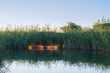 Sunlit canoe on pond