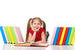 Foto: Little girl with pile of books. Little girl with pile of books.
