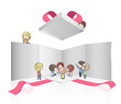 Vector: Kids around open white box with red ribbons. Kids around open white box with red ribbons.