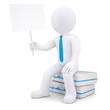 3d man sitting on suitcase and holds the poster